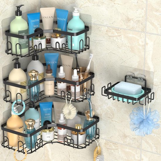 Doucheplank zonder boren, zelfklevende badkamerhoekplanken met 20 haken, 4 stuks douche-organizer van roestvrij staal voor zeep en shampoo, wandmontage zonder boren, douchehouder