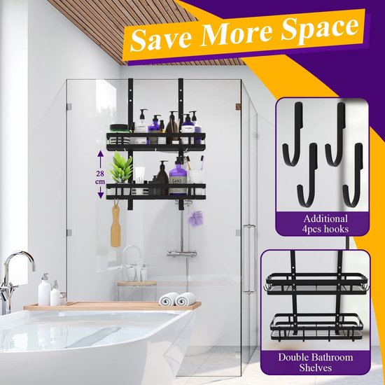 Doucheplank om op te hangen, roestvrij stalen douchemand zonder boren 35 x 73 cm