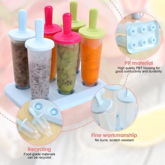 Pak van 12 ijsvormpjes, ijslollyvormpjes, herbruikbare BPA-vrije ijsvormpjes, 6 kleine en 6 grote ijsvormpjes, ijslollyvormpjes set met 12 plastic stokjes