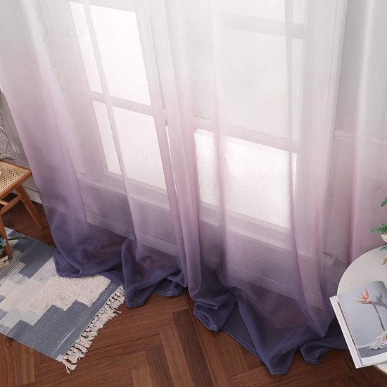 Set of 2 Transparent Curtains, Colour Gradient, Voile Sheer Curtains with Eyelets, Decorative Window Curtain for Bedroom and Living Room, 245 cm x 140 cm (H x W), White & Purple