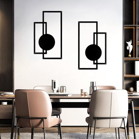 2 stuks metalen wanddecoratie, metaal, geometrische wanddecoratie, zwart metaal, minimalistische wanddecoratie, metaal, verticale abstracte muurkunst voor thuis, woonkamer, slaapkamer (geometrisch)