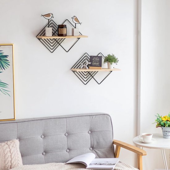 Wandplank Zwart metalen wandplank Set van 2 moderne wandplanken Wanddecoratie Slaapkamer Houten zwevende plank