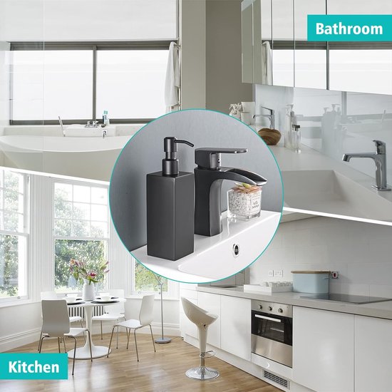 Zeepdispenser, zwart, roestvrij staal, afwasmiddeldispenser, 350 ml, navulbaar, gemakkelijk in te drukken, pompfles, vrijstaand, vloeibare zeepdispenser, lotionfles voor keuken en badkamer, 6 x