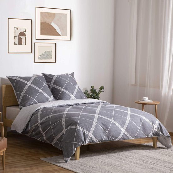 Katoenen beddengoed 135 x 200 cm, 2-delige omkeerbare dekbedovertrekset met grijs rasterpatroon, Öko-Tex zachte dekbedovertrekset met ritssluiting en 1 kussensloop van 80 x 80 cm