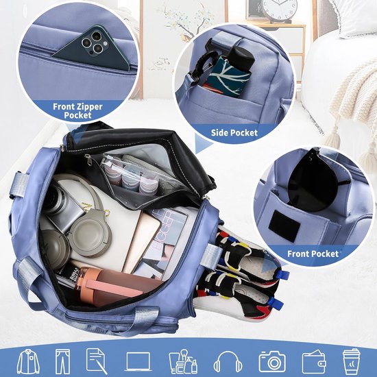 Sporttas voor dames en heren, reistas met schoenenvak en nat vak, groot, opvouwbaar, gymtas, waterdichte zwemtas, lichte trainingstas, jongens, meisjes, duffeltas voor sport, fitness, reizen,