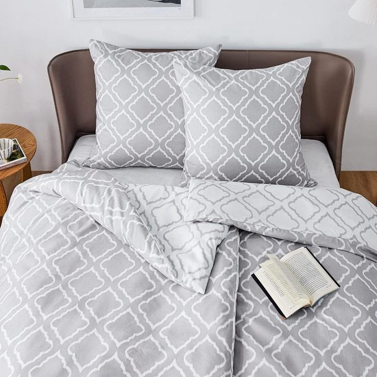 Beddengoed, 135 x 200 cm, 4-delig dekbedovertrek - beddengoedsets 135 x 200 cm, microvezel, met 2 kussenslopen van 80 x 80 cm, Öko-Tex beddengoedset, rasterpatroon, met ritssluiting, grijs