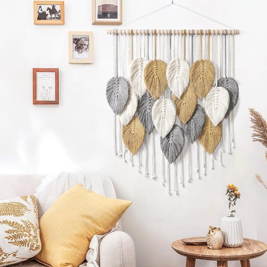 Macramé wandtapijt, groot wandtapijt, geweven wandtapijt, boho, macramé, wandtapijt, geweven wandtapijt, bladveer, wanddecoratie, chique geweven kunst voor slaapkamer, woonkamer, decoratie