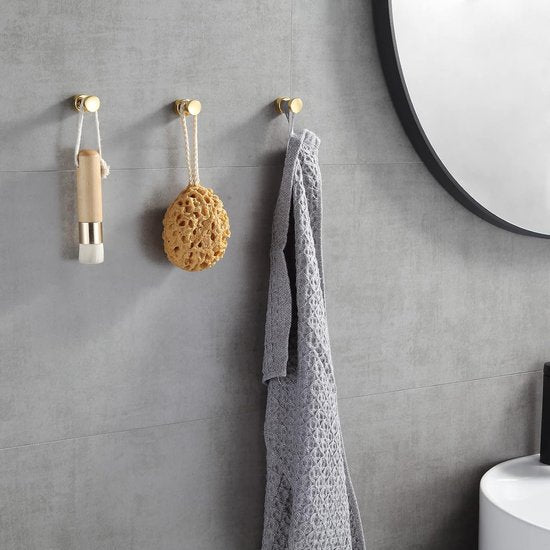 Gouden handdoekhaken - set van 5 | Roestvrije metalen wandhaken voor badkamer en keuken | Zelfklevend of aan de muur gemonteerd