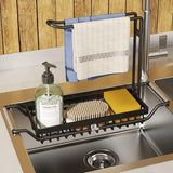 Spoelbakorganizer, telescopische keukengootsteen, caddy organizer met doekhouder, sponshouder voor keukenaanrecht, roestvrij staal, spoelbak, afdruiprek, wastafelorganizer voor keuken, gootsteen (42-54 cm)