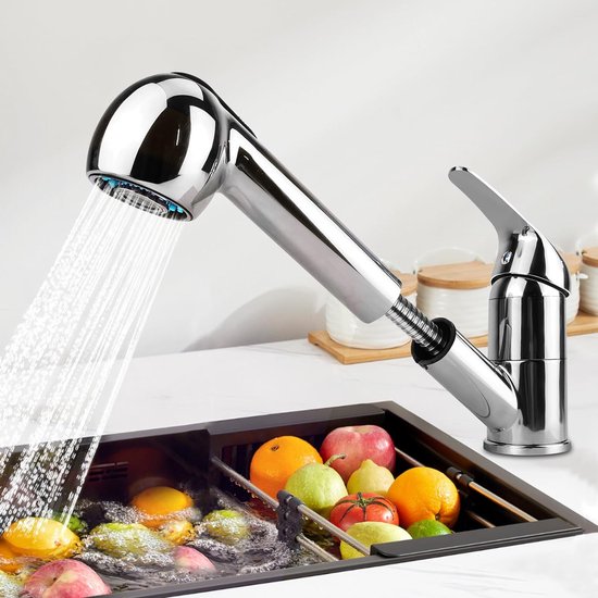 Keukenkraan met douche-uitloop met 2 functies, 360° draaibare keukenmengkraan met één hendel van chroom, warm- en koudregelfunctie, geschikt voor keuken, badkamer en bar