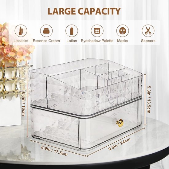 Make-up organizer, cosmetica-organizer, opslag met lade en 11 vakken, cosmetic skin care organizer, multifunctioneel voor slaapkamer, badkamer (transparant wit)