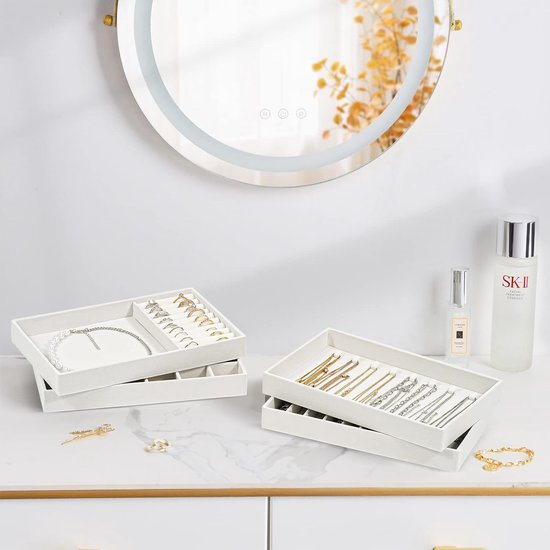 Sieradenbak-organizerset met 4 sieradenkommen, stapelbare sieradenlade-organizer, sieradeninzet sieradenopslag voor kettingen, armbanden, oorbellen, ringen, horloges - warm wit