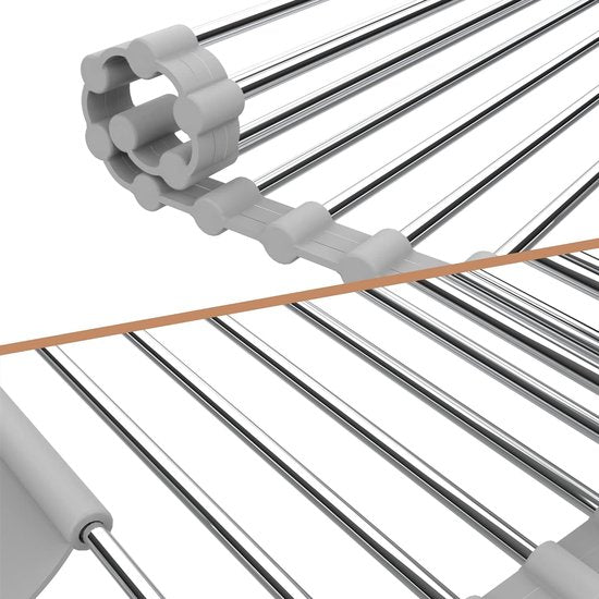 Roestvrij stalen afdruiprek, afdruiprek, afdruiprek, oprolbaar afdruiprek, inklapbaar en afneembaar, voor keuken, spoelbakken, fruit, groenten (43 x 40 cm)