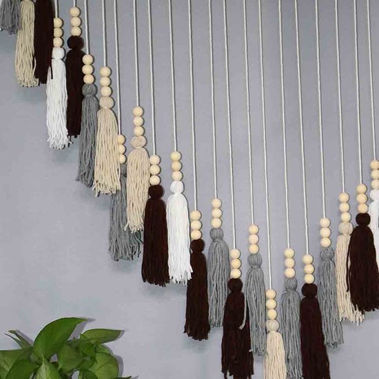 Grote macramé houten kralen kwasten wandbehang natuurlijk Boheems wanddecor macramé wandtapijt macramé bruiloft decor (bruin)