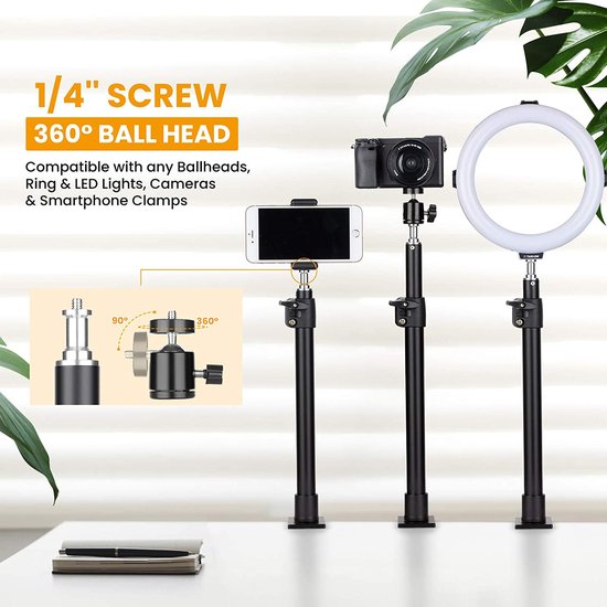 TARION Tafellichtstatief klemstatief 35 - 60 cm instelbaar licht monopod met schroef en extra 360° kogelkop voor fotografie, streaming, video-opnames