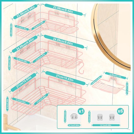Roze doucheplank zonder boren, shampoohouder voor douche, 4-delige badkamerrekset, roestvrij staal, hoekdoucheplank met 2 haken en zeepbakje voor toilet en slaapzaal