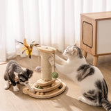 Houten kattenspeelgoedroller 2-laags draaitafel Interactief kattenspeelgoed met veren, 3-in-1 kittenspeelgoed Interactieve ballen en hangende ballen en kattenkrabben