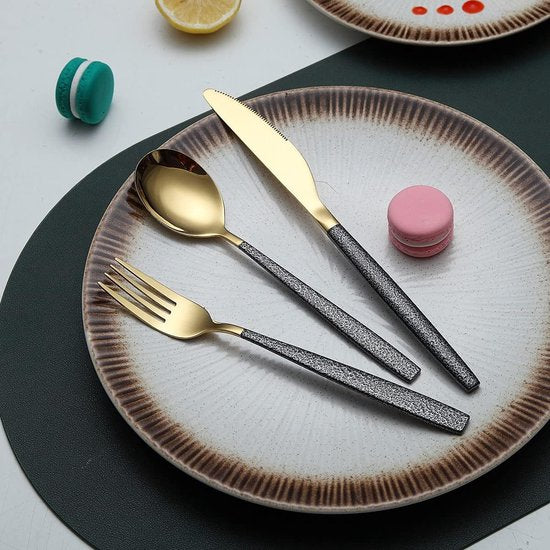 Bestekset, 30 stuks, glanzende gouden kopcoating met zwarte Marsgreep, roestvrij staal, titanium coating, messen, lepels, vorken, bestekset, bestekset voor 6 personen