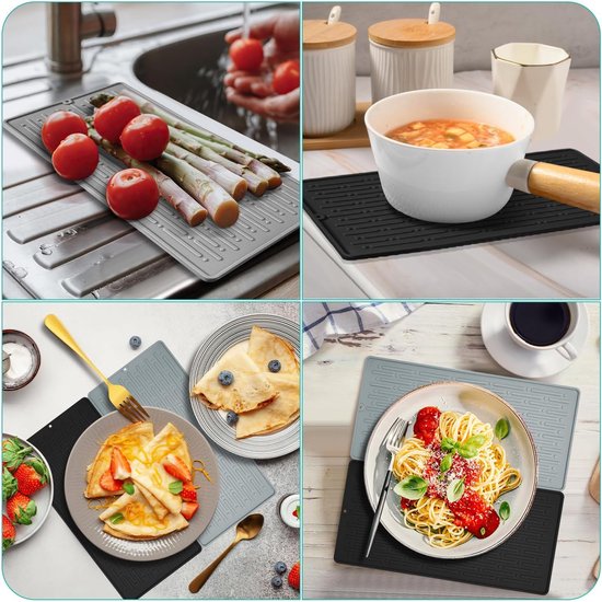 2 stuks siliconen afdruipmat, spoelbakmat, afdruipmat, servies, zwart, hittebestendige siliconenmat, antislip siliconenmat