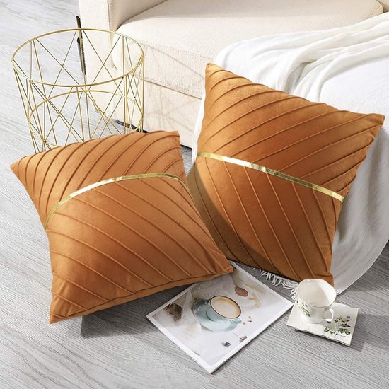 Kussenhoes set bruin, 45 x 45 cm, decoratief kussen voor woonkamer, gouden strip, decoratie, fluweel, sofakussen, zacht bankkussen, sierkussenhoes voor woonkamer, slaapkamer, set van 2