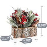 Decoratief bloemstuk Kerstmis - kleine winterse tafelversiering in schors pot met rode bessen, decoratieve sneeuw, kegels - leuke tafeldecoratie voor de adventstijd (1 stuk - 25 cm - rode