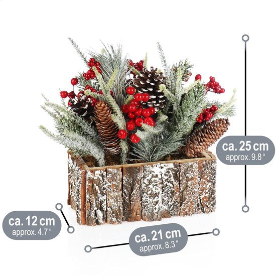 Decoratief bloemstuk Kerstmis - kleine winterse tafelversiering in schors pot met rode bessen, decoratieve sneeuw, kegels - leuke tafeldecoratie voor de adventstijd (1 stuk - 25 cm - rode