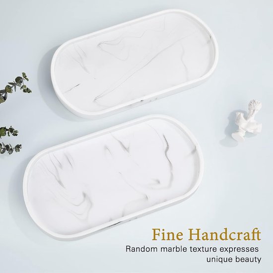 Hars badkamerdienblad, make-uptafel, dienblad, organizer, decoratieve ovale badkamer, sieradenopslag, serveerplank schaal voor kaarsen, zeep, cosmetica, sieraden, plant, 70 x 40 cm, marmer wit