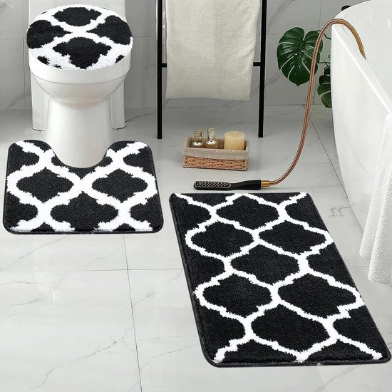 Badkamertapijten, 3-delige set, antislip, wasbaar, , zacht, absorberend, badmatset met wc-dekselafdekking, 60 x 90 cm + 50 x 50 cm + 38 x 42 cm (zwart)