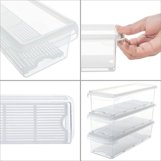 Kurtzy 3 Pak Plastic Koelkast Opslag Organizer Trommels met Deksels – Helder BPA Vrij, Stapelbare Koelkast en Diepvries Organizers met Drainage Plaat – Voor Keuken, Kelder, Kasten en Werkbladen