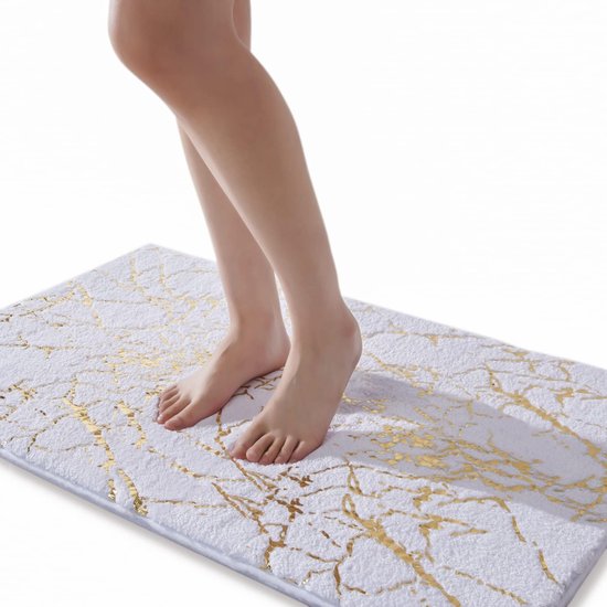 Badmat antislip wasbaar badmat, wit badkamertapijt, goud decoratief home tapijt luxe badkameraccessoires, zachte microvezel absorberend badmat voor badkamer badkuip, 60 x 120 cm