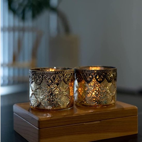 Set van 2 glazen theelichthouders kaarsglazen theelichtglazen cadeau cilindrische vorm koninklijk goud diameter 10 cm x hoogte 9 cm