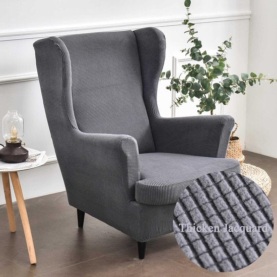 2-delige hoes voor oorfauteuils, fauteuils, fauteuils, effen, jacquard, verdikt, beschermhoes, overtrek, stoelhoes, strandmon tijger, stoelhoes met armleuning, hoge rugleuning (antraciet)