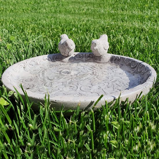 Vogelbad voor de tuin, vogelbad (24 en 30 cm) met 2 decoratieve vogels voor wilde vogels met rozenornamenten, veilige verpakking, niet vorstbestendig
