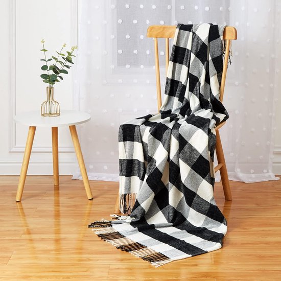 Zachte, gebreide, wollen deken, kwast, plaid, knuffeldeken, bankdeken, slaapdeken, deken, deken, deken, 127 x 152 cm, meerkleurig (zwart)