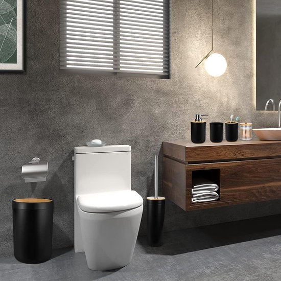 7-delige bamboe badkameraccessoires Badkameraccessoireset Luxe kunststof badkameraccessoireset Tandenborstelhouder Tumbler Toiletborstelset Qtip Houder Zeepbakje Prullenbak Zeepdispenser (zwart)