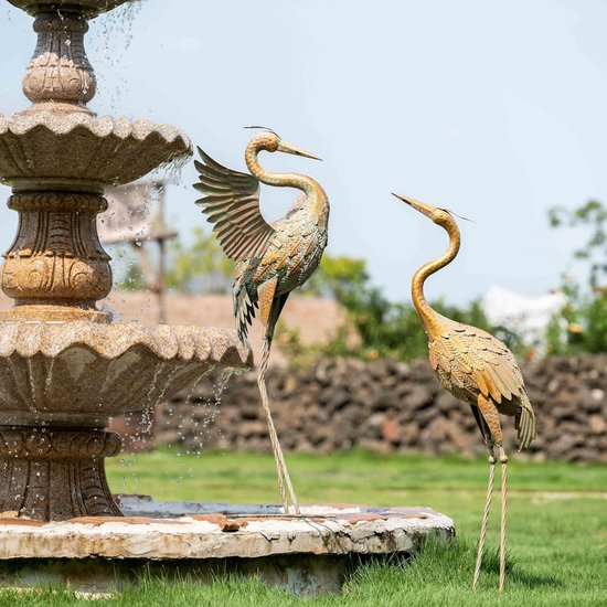 Metalen vogels, kranen, tuinfiguren voor vijver, set van 2, 99/85 cm, grote vogelkraanjes, tuindecoratie, figuren in roest-look, decoratieve figuren, tuindecoratie voor buiten, visvijver