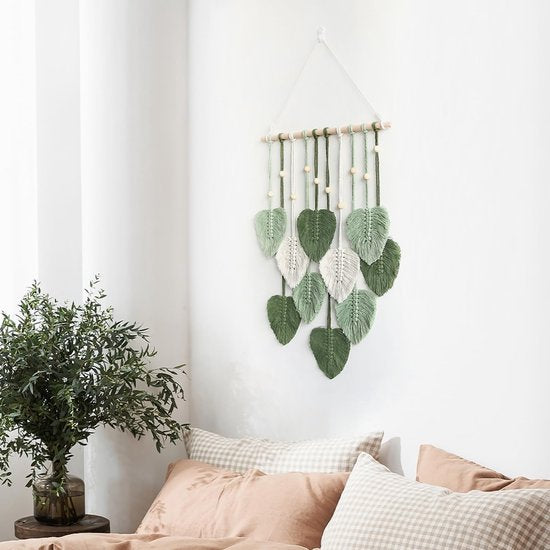 Macramé wandtapijt, handgemaakt wandtapijt, boho, woningdecoraties, chic, kunst, geweven veer, wanddecoratie, bladwandtapijt voor woonkamer, slaapkamer, bruiloft, decoratie, geschenken, groen