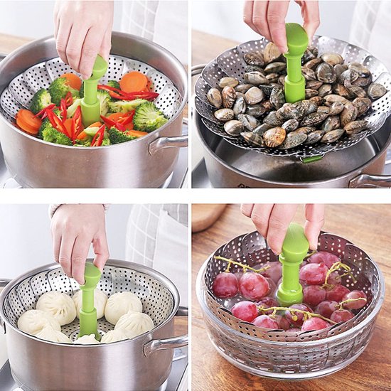 Stoomboot van roestvrij staal, verstelbaar stoominzetstuk met uitschuifbare handgreep voor groenten en fruit, opvouwbare mand, roestvrij, geschikt voor vaatwasser, babyvoeding (18-28 cm)