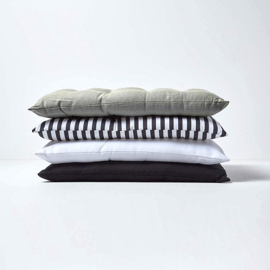 Set van 4 stoelkussens 40 x 40 cm, grijs, zitkussen met bandjes en knoopsluiting, effen kussens voor stoelen met overtrek van 100% katoen en zachte polyester vulling, lichtgrijs