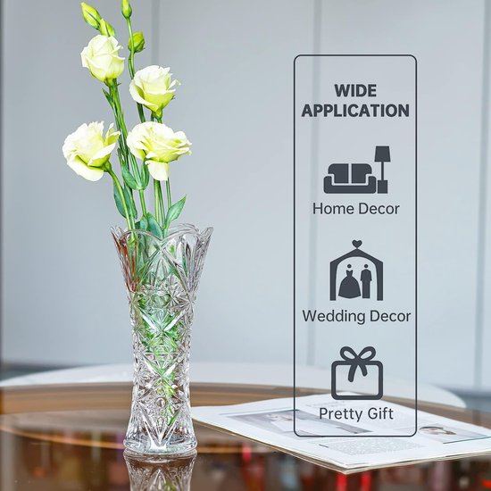 Bloemenvaas van helder glas, vaas van verdikt kristalglas voor bloemen, bloemenvazen in zonnebloemdesign voor de woonkamer, 19,3 x 9 cm
