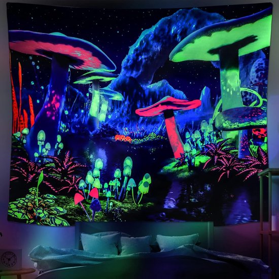 Blacklight Paddenstoel Wandtapijt Psychedelisch UV Reactief Melkwegstelsel Wandtapijt Muur Wanddoek Plant Landschap Wandtapijt Sterrenhemel Wandkleed voor Slaapkamer Thuis Decoratie