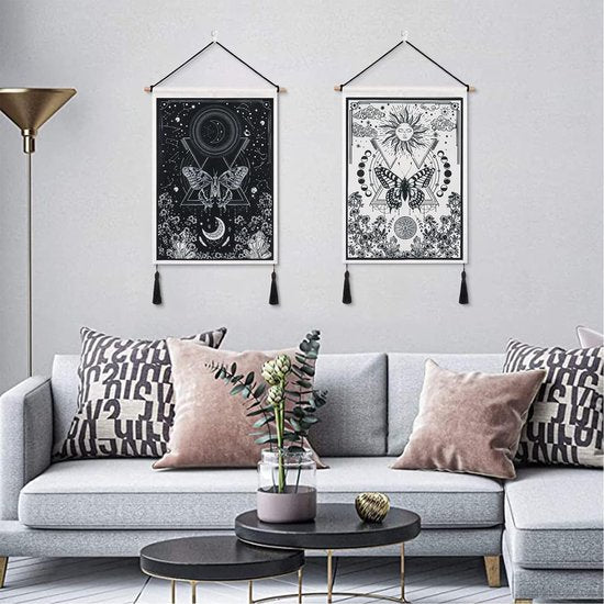 Pack of 2 Small Tapestries with Tassels, Sun and Moon Tapestry Tarot Wall Hanging Butterfly Moth Tapestry Black and White Tapestry for Bedroom Aesthetics (Moon Eclipse)