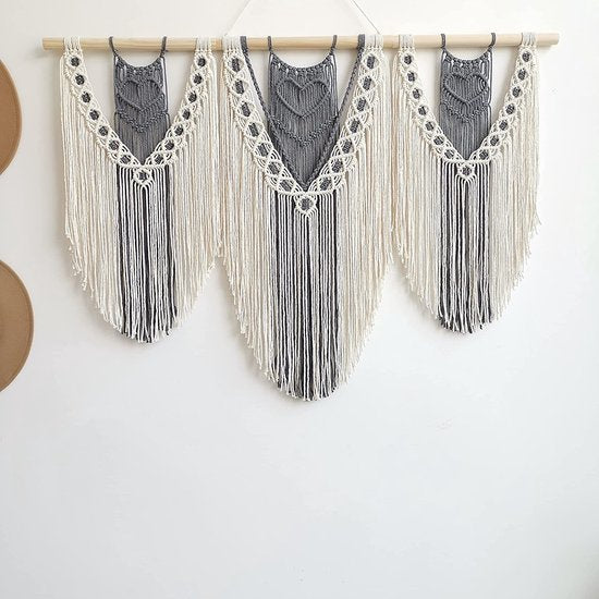 Macramé wandbehang kunst geweven tapijt boho deco chic home decor appartement slaapzaal kamerdecoratie, 110 cm (B) x 82 cm (H), balkondecoratie, wanddecoratie boho (SET G)