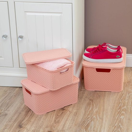 Mand met deksel in rotan design, set van 2, maat S 7 l, BPA-vrije kunststof PP, zalmroze, 28,5 x 19,5 x 12,9 cm, 2 stuks