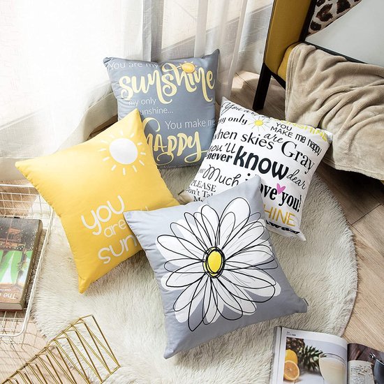 Set van 4 kussenslopen 50 x 50 cm geel en grijs wit modern Daisy You Are My Sunshine Words decoratieve outdoor kussenslopen wooncultuur vierkante kussenhoes 50 x 20 inch