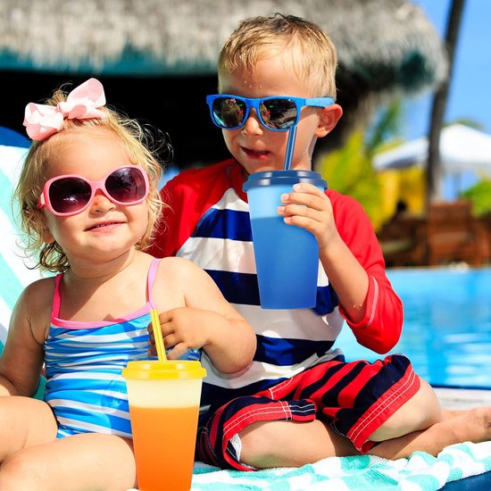 beker, beker, drinkbeker met rietje en deksel, 350 ml, kleurwisselbeker, herbruikbare plastic beker, kinderbeker, beker, reisbeker, tumbler ijskoffie, koud drinken, smoothie, sap, 7 stuks