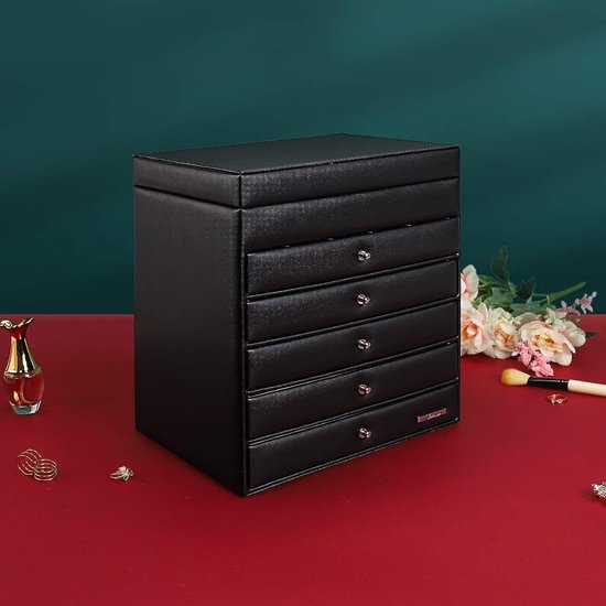 Seelux make-up-doos, sieradendoos, verkrijgbaar in verschillende maten, zwart-wit, zwart, 5 schuiflades