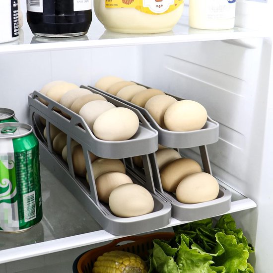 Eierhouder voor koelkast, 2-laags rollende eierenopslagkoelkast, antislipbasis koelkastorganizer eieren (grijs)