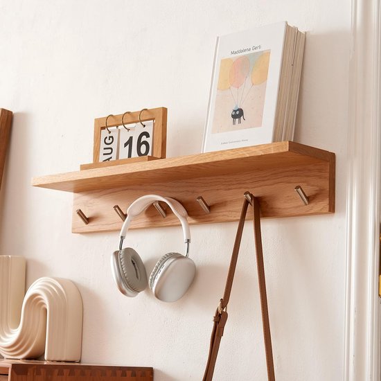 Coat Rack 70 cm, Coat Hook with 6 Hooks, Wall Coat Rack with Shelf, Wall Shelf, Solid Oak Floating Shelf, Wooden Wall for Bedroom, Living Room, Kitchen, Coats