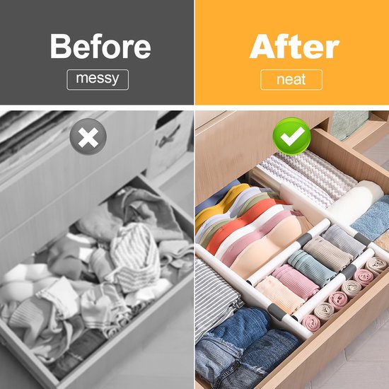 Opbergsysteem voor schuifladen, verstelbare ladeverdeler, scheidingssysteem, keuken, ladeverdeler, organizer met 9 inzetstukken, voor keuken, badkamer, slaapkamer, commode, 27-44 cm, 4 stuks